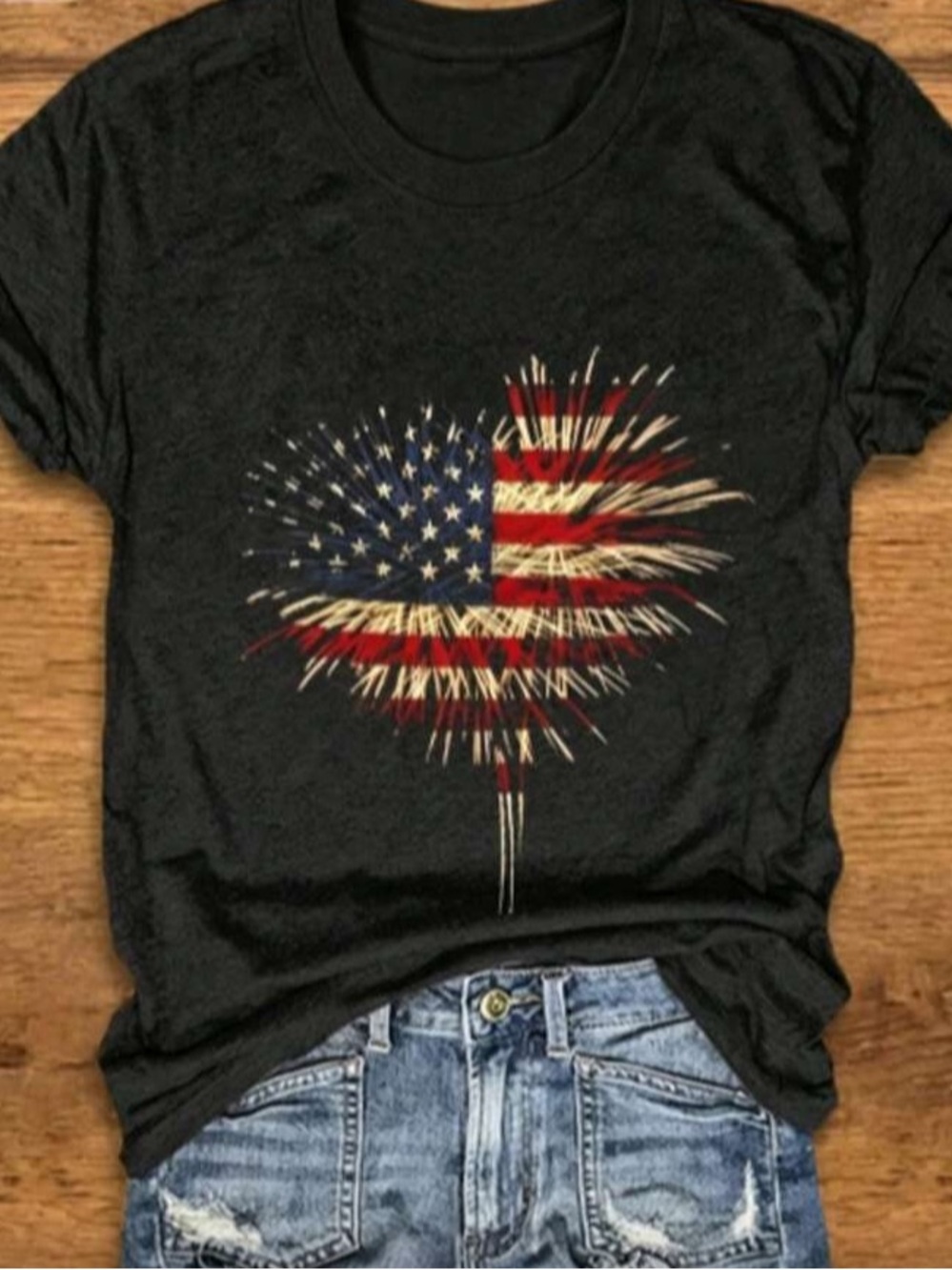 Patriotic Fireworks American Flag Graphic Tee Black V-Neck USA July 4th Shirt